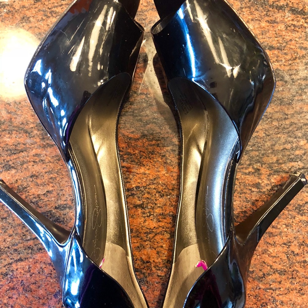 Jessica Simpson Janet black patent peep toe pumps